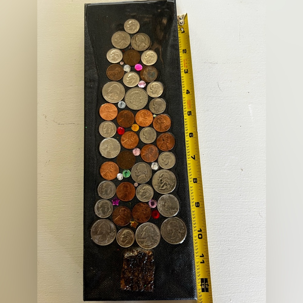 Decorative Coin and Gem Christmas Tree on Black Canvas
